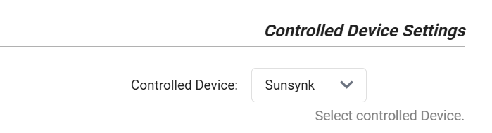 Battery Settings > Installer > Control: the Controlled Device Settings section with Controlled Device set to Sunsynk
