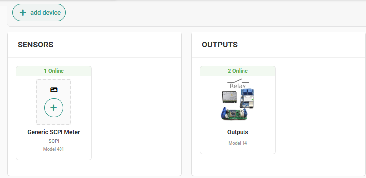The device list with the add device (+) button at the top left, above the device-type groups