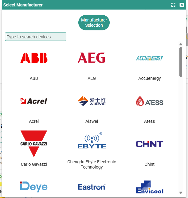 The Manufacturer Selection screen: a searchable grid of manufacturer logos