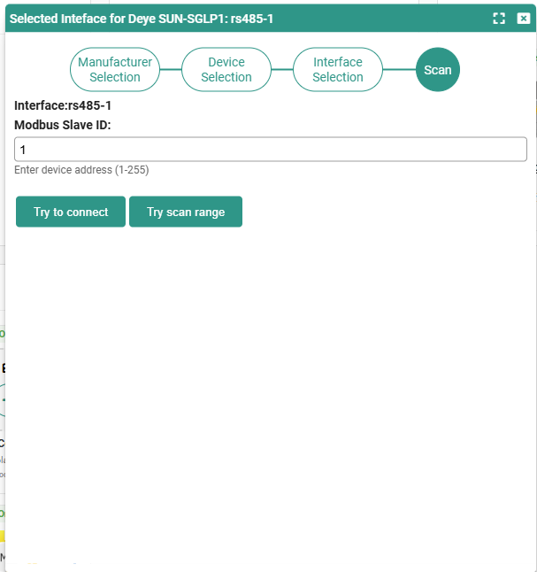 The Modbus Scan step: the Modbus Slave ID field with Try to connect and Try scan range buttons