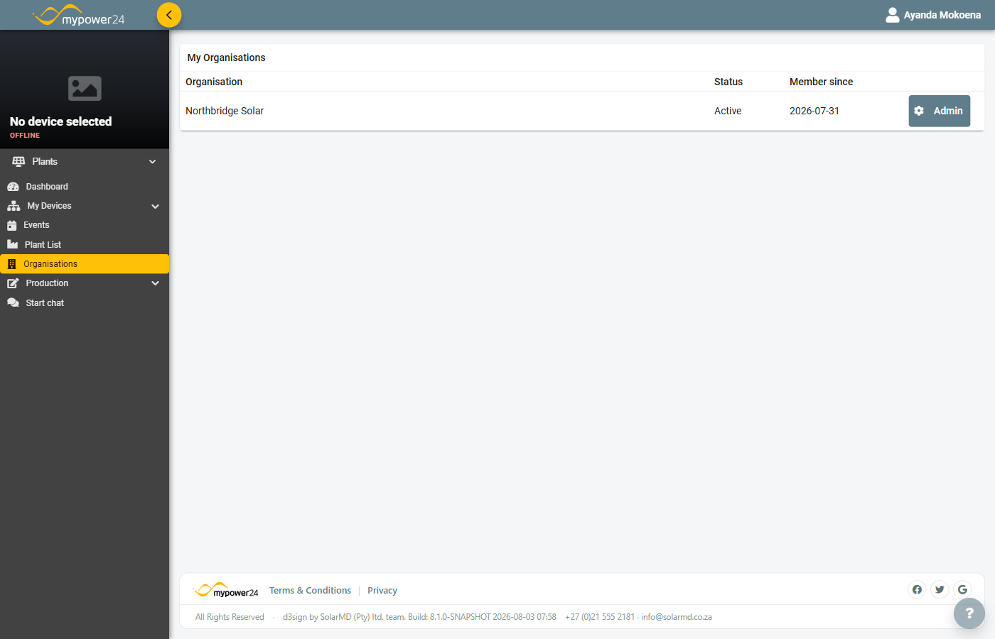 The My Organisations page listing your organisations