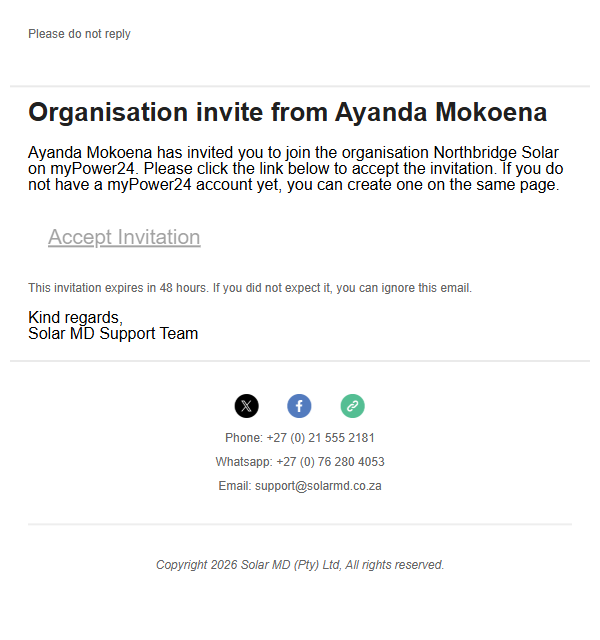 The organisation invitation email