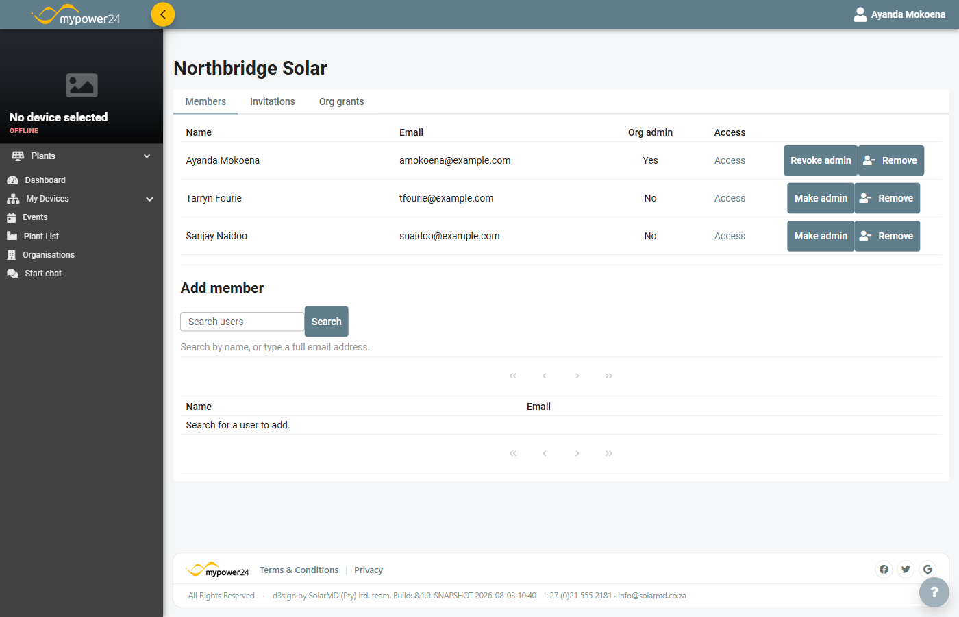 The organisation admin page showing the Members tab