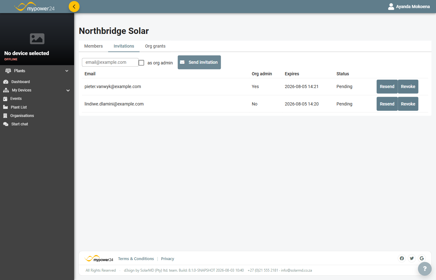 The Invitations tab with the send form and invitation list