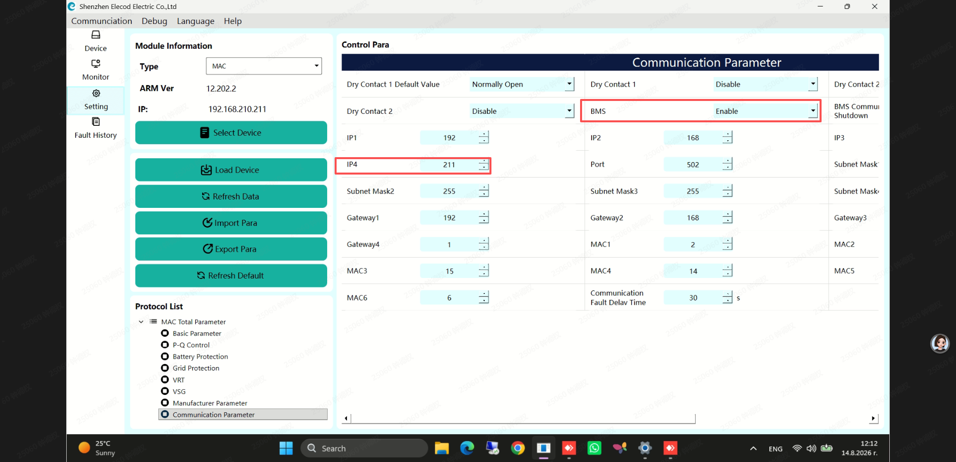 eleHost Setting screen, Communication Parameter group, showing the IP octet fields, port 502 and the BMS enable setting