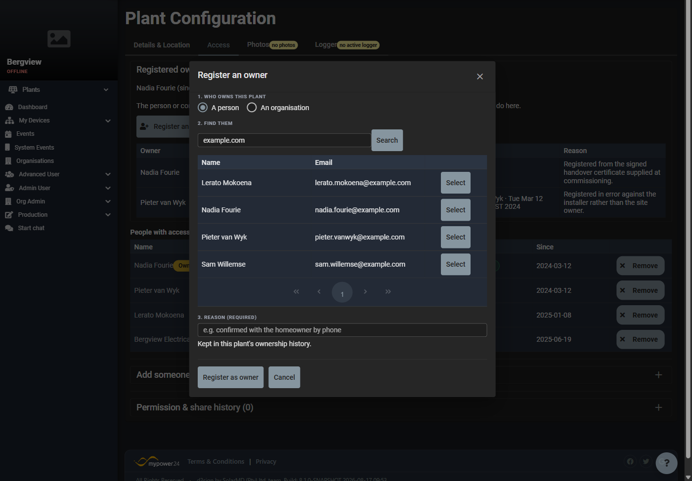 Search results inside the Set the owner dialog, with Select on each row