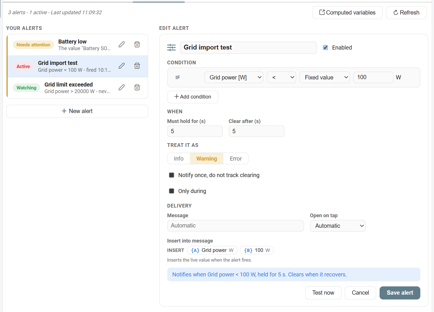 An alert open for editing: condition, timing, severity and message